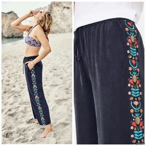 BODEN Tamara Embroidered Drawstring Loose Trousers Floral Pineapple Navy Size 10